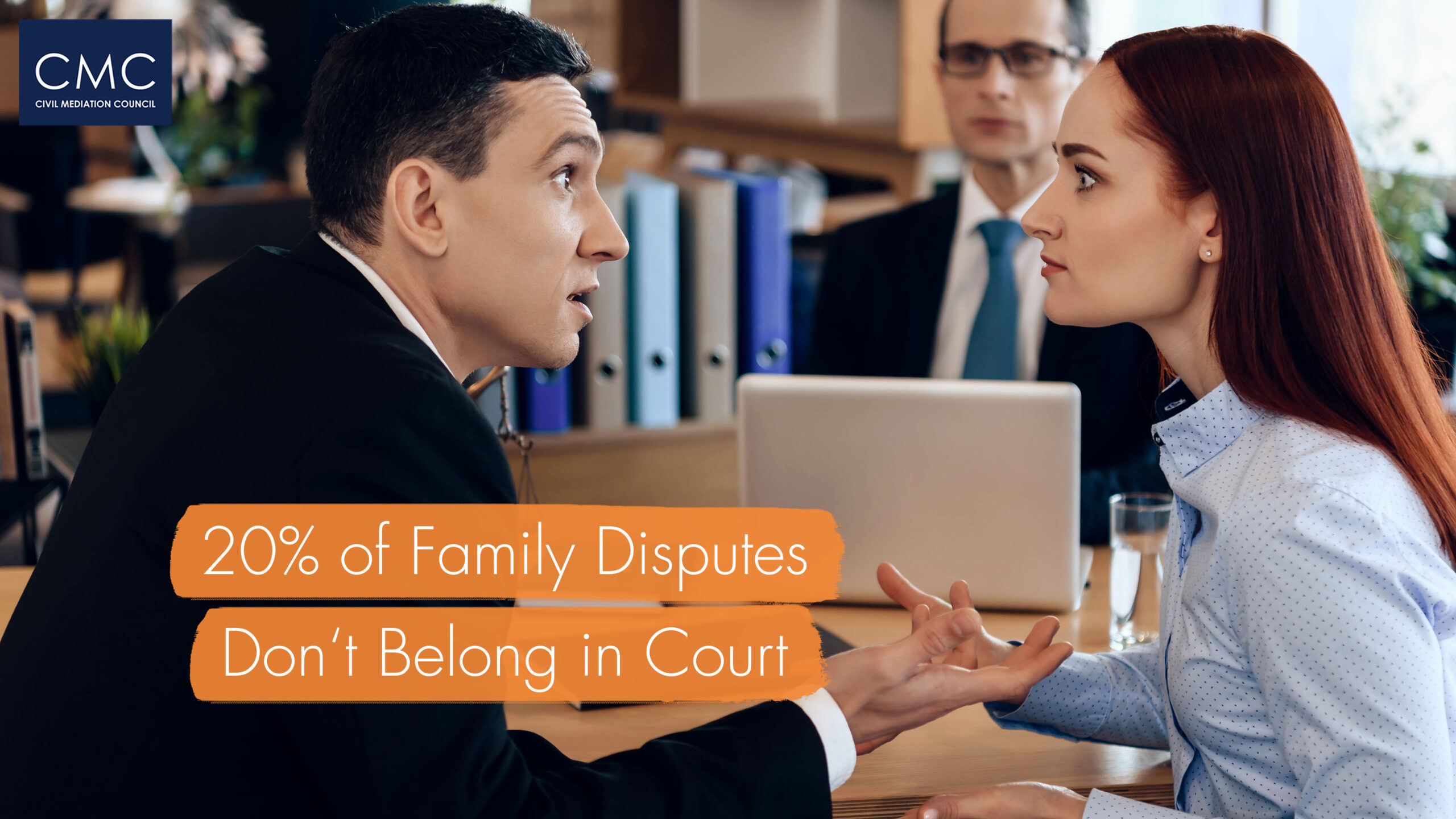 Couple arguing in an office, a third man sits behind them observing the conflict